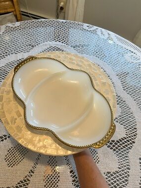 Fire King White Divided Serving Dish with Gold Beaded Rim